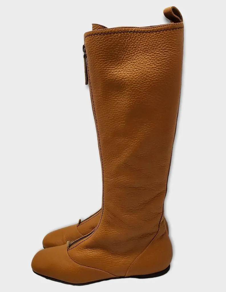 Vicini Tapeet Zipper Tall Leather Boot Front Zip Up Flat Riding Boots Sz 37.5 Brown - Image 3