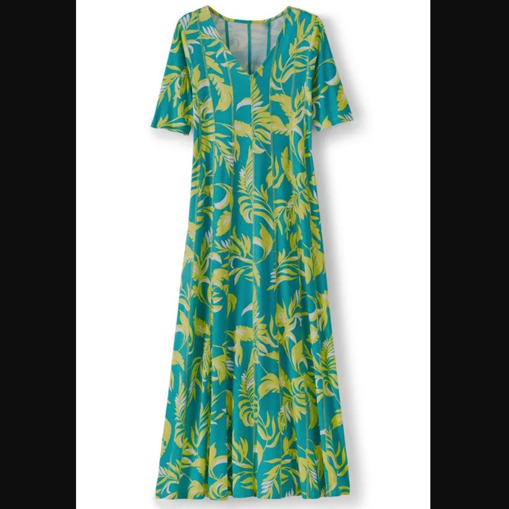 Soft Surroundings Palm Print Knit Maxi Dress Teal Green Tropical Size Medium - Image 6