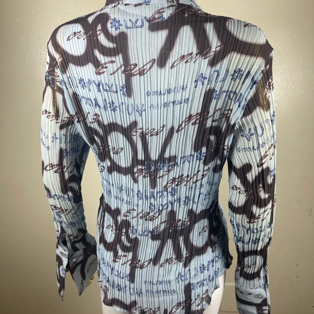Vintage sheer printed all over print long sleeve collard bratz y2k blue L Size L - Image 2
