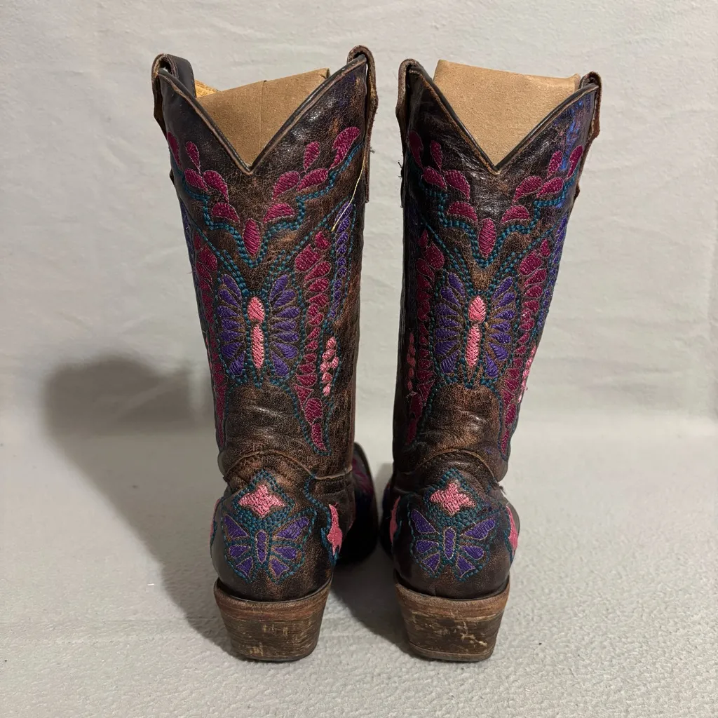 Corral Teens size 4T Brown Leather Embroidered Butterfly Western Boots snip toe - Image 6