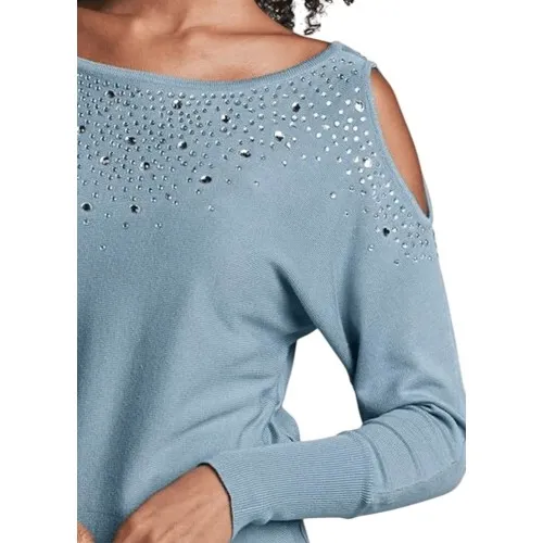 Venus Blue Rhinestones Cold Shoulder Sweater XXXL Cottage Sparkle Pastel NWOT‎ - Image 3