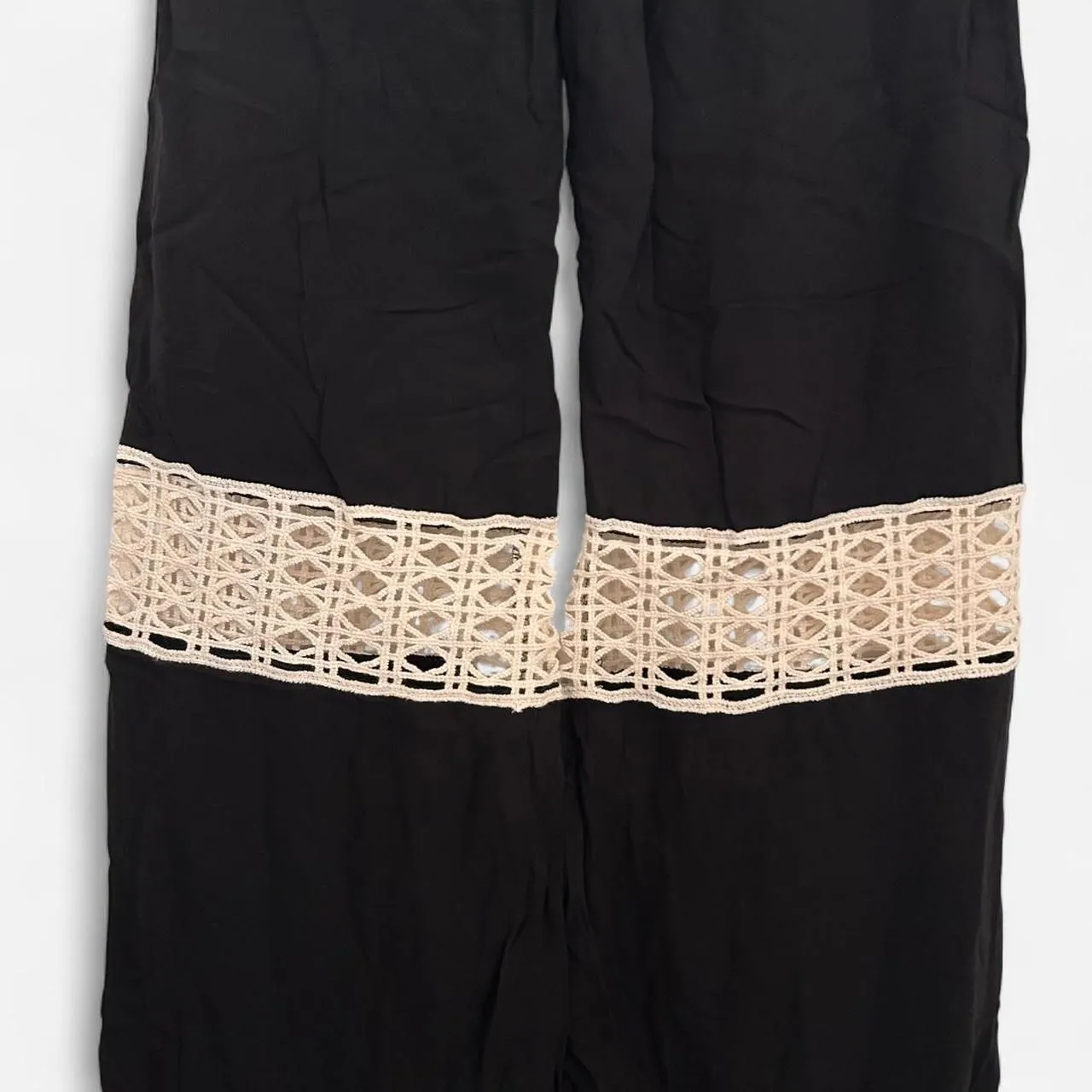 Elan Black & Cream Crochet Panel Wide-Leg Pants – Boho Festival Soft Girl small - Image 4