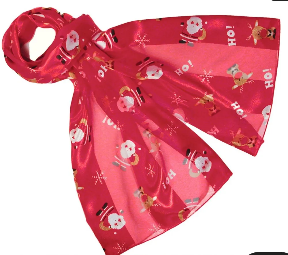 Cute Santa and Reindeer Long Silky Chifforn Satin Scarves Wrap Tie Red - Image 1