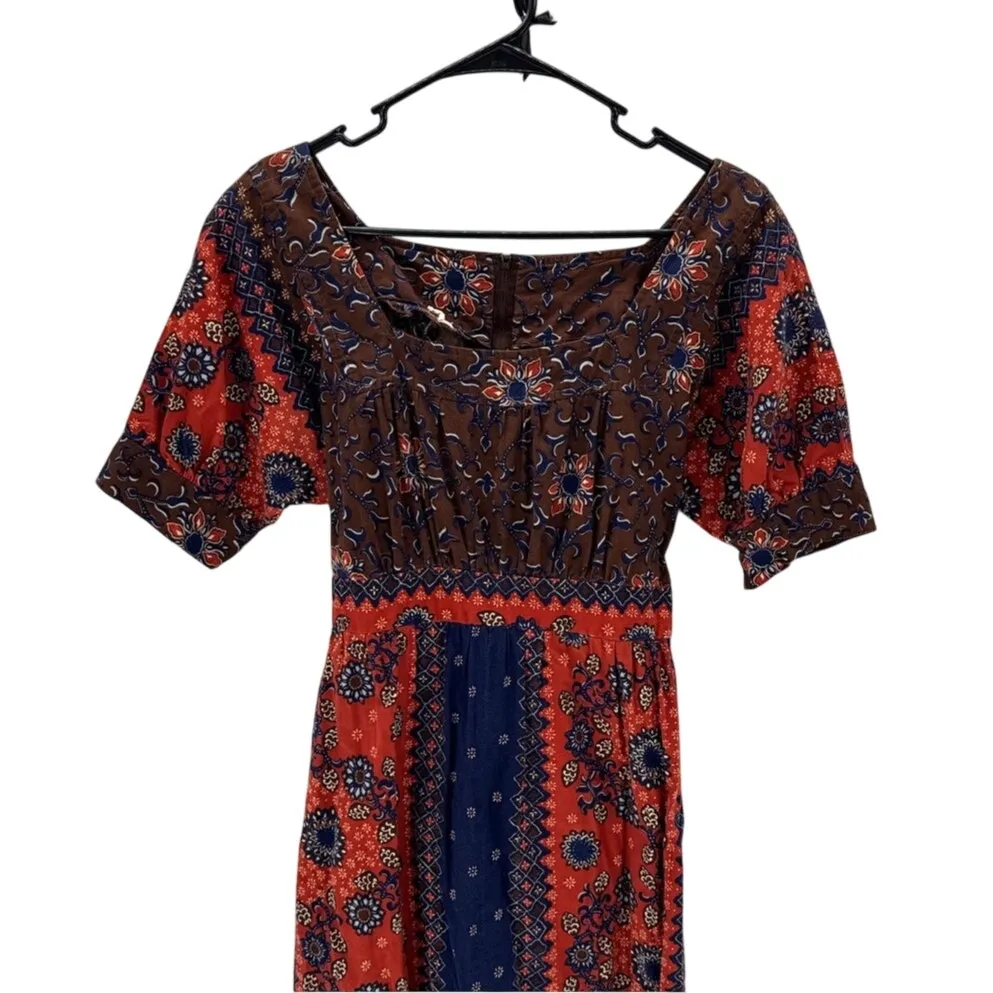 Vintage 70's Brown blue Floral Print Maxi Tie Back maxi Dress size L bohemian Size L - Image 3