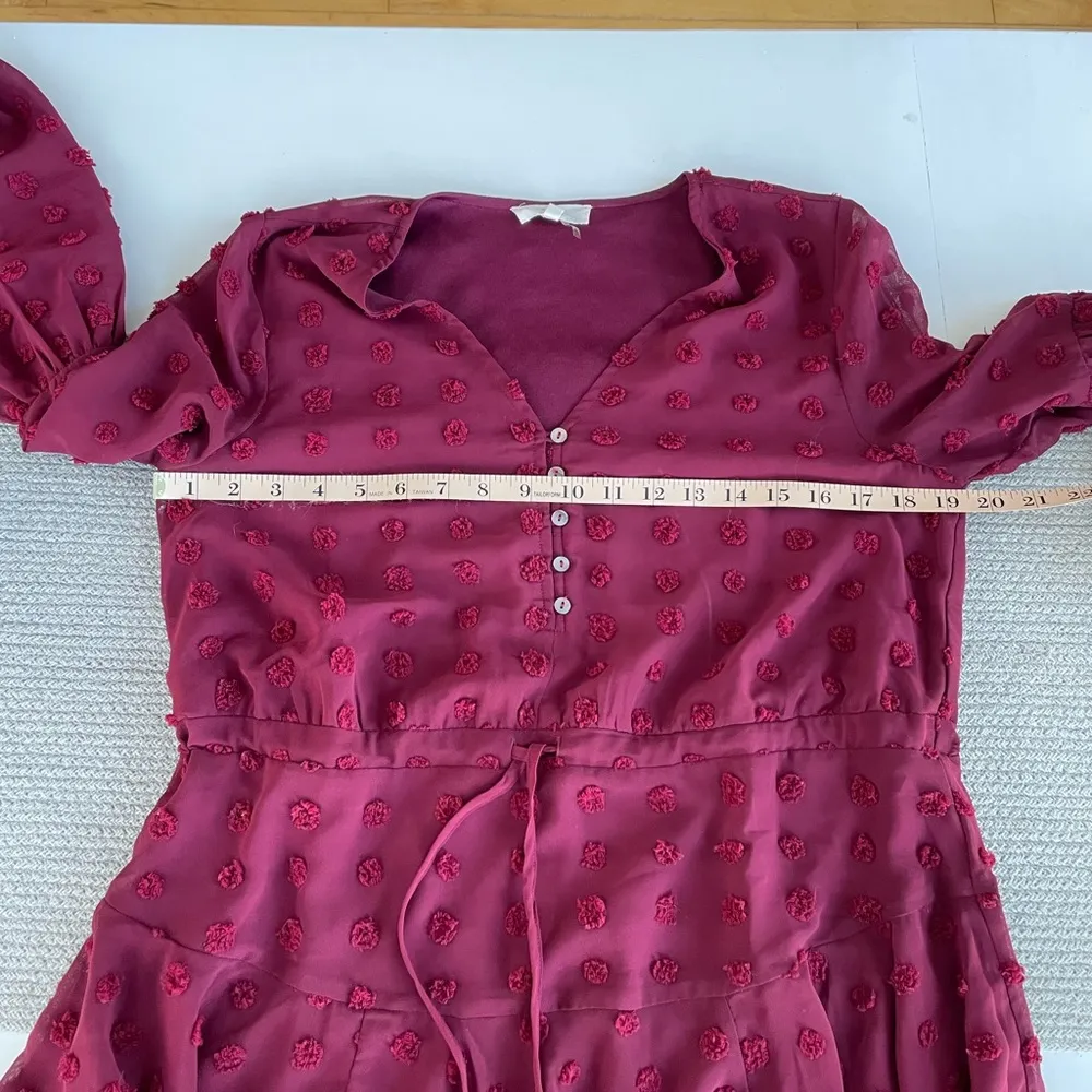 Entro Burgundy Sheer Long Sleeve V Neck Flounce Mini Dress Size Small - Image 8