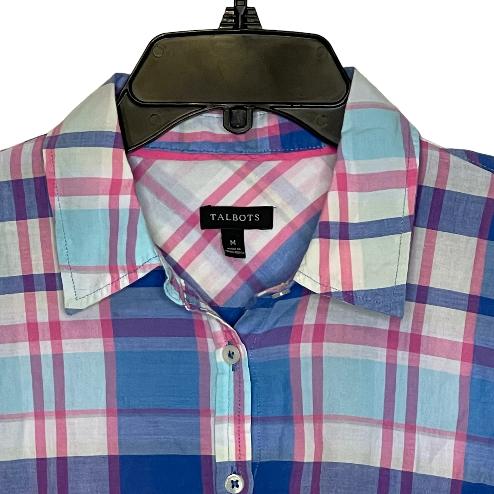 Talbots Womens Button Up Shirt Size Medium Pink White Plaid‎ 100% Cotton LS - Image 2