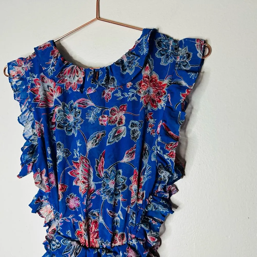 MISA Las Angeles Blue Floral Natasha Cutout Ruffled Midi Dress Size Medium - Image 13