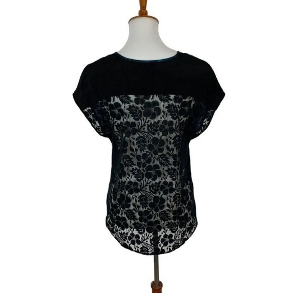 Hinge Blouse Top XS Blue Black Lace Short Sleeve‎ Elegant Party Shirt - Image 3