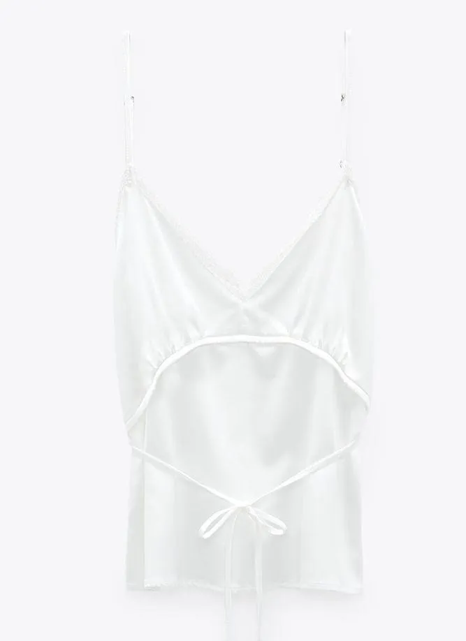 NWT ZARA LACE TRIM TIE UP SATIN CAMISOLE TOP BLOGGERS FAV WHITE LARGE - Image 6