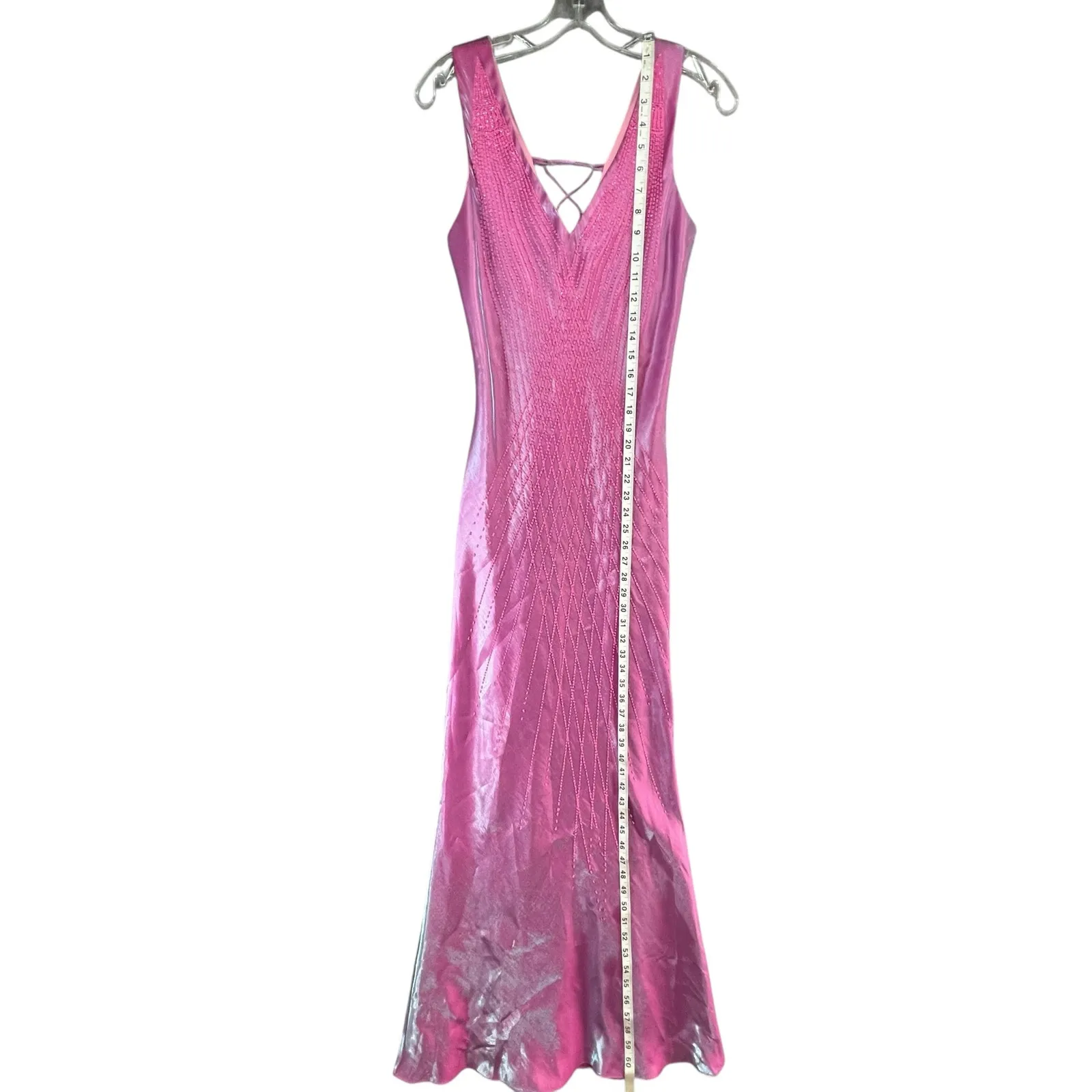 Y2K Lets Fashion Beaded Maxi Dress M Pink Shimmer Lace Up Prom Evening Mermaid Size M - Image 11