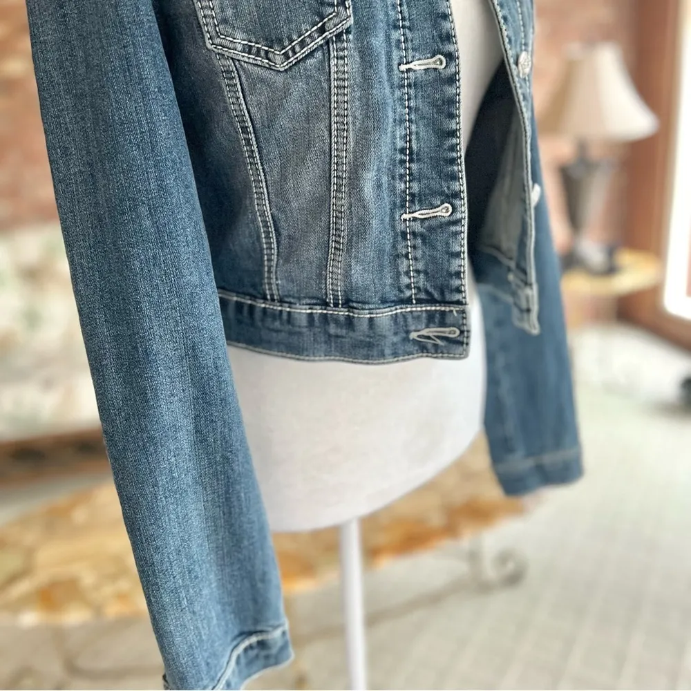 Miss Me Embellished Rhinestone Denim Blue Jacket S Distressed Stud Cropped Mod - Image 13