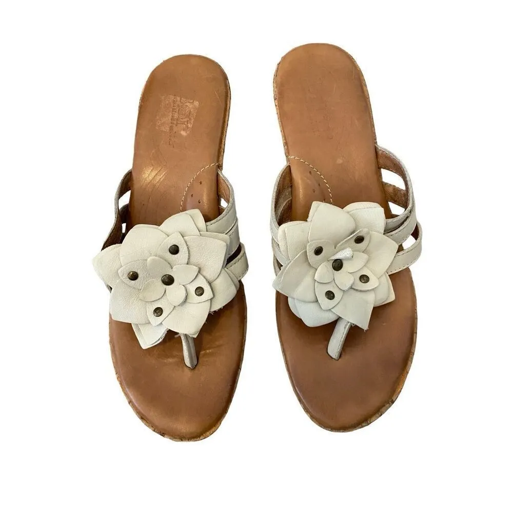 Born Miko Leather Flower Wedge Cork Sandals Platform Flip Flops Floral Summer Co Tan Size 9 - Image 2