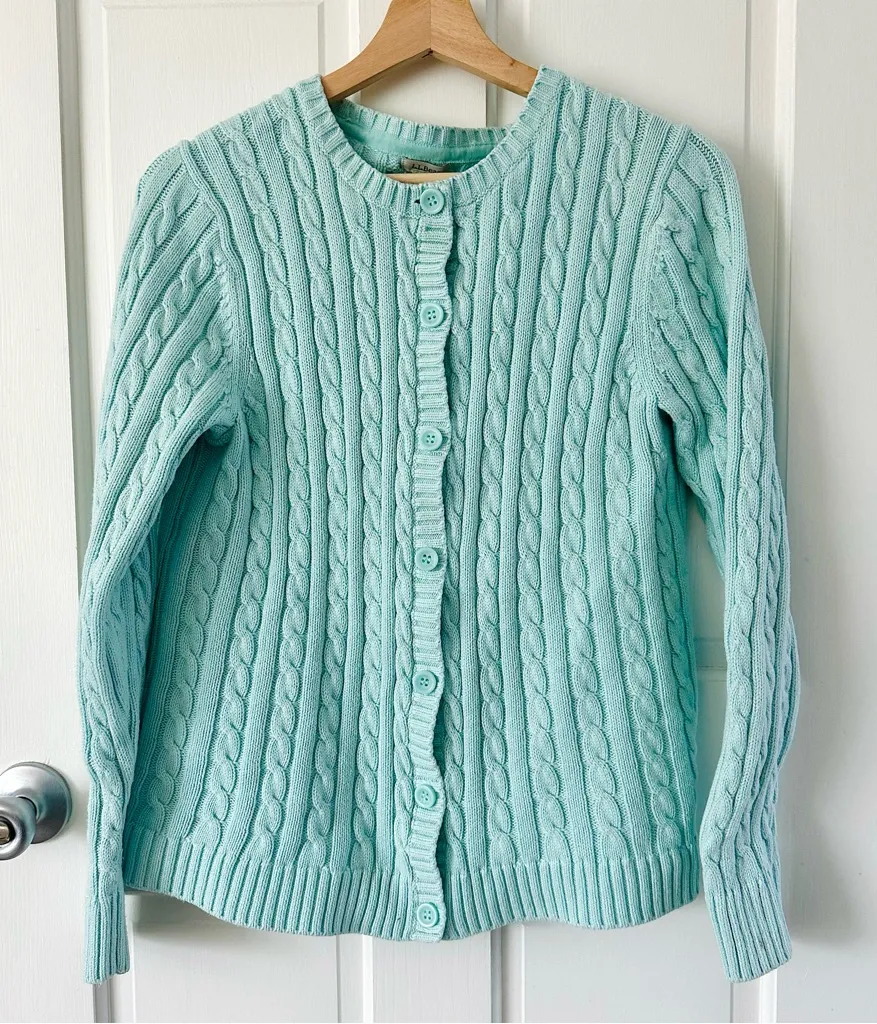 L.L. Bean Cable Knit Cotton Cardigan Sweater Light Aqua Blue Mint Size L Size L - Image 1