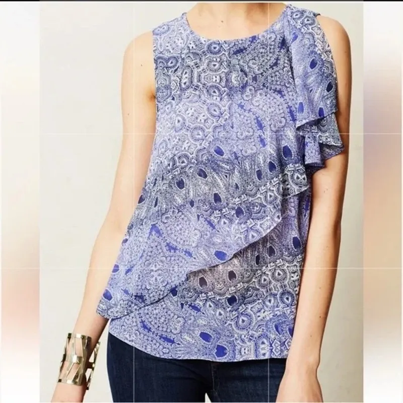 Anthropologie Bohemian Paisley Ruffle Tank 6 Blue Mediterranean Summer Resort Purple - Image 6