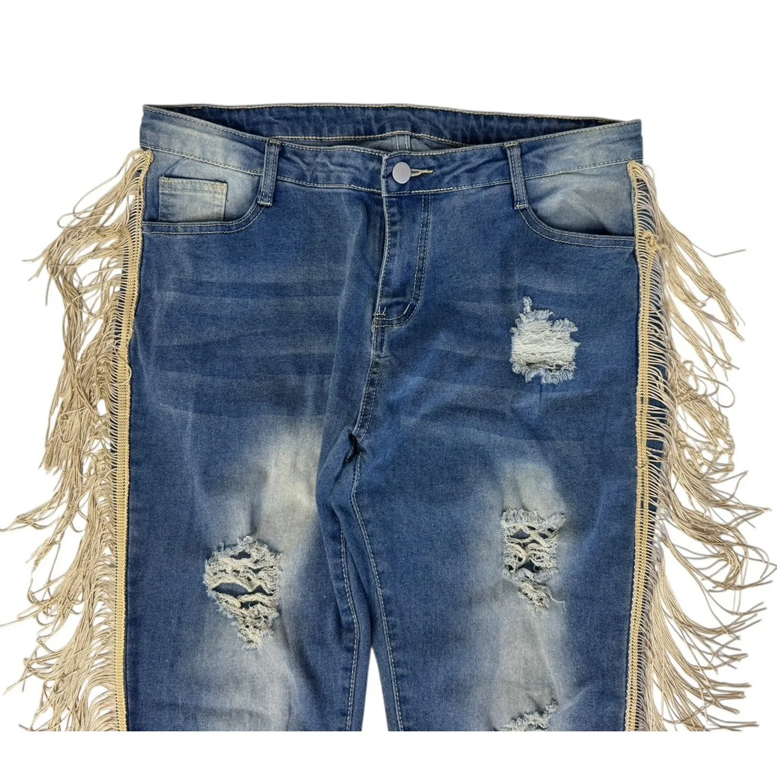 COWGIRL WESTERN Fringe Distressed Jeans Side Tasseled Streetwear Size Large Blue - Image 5