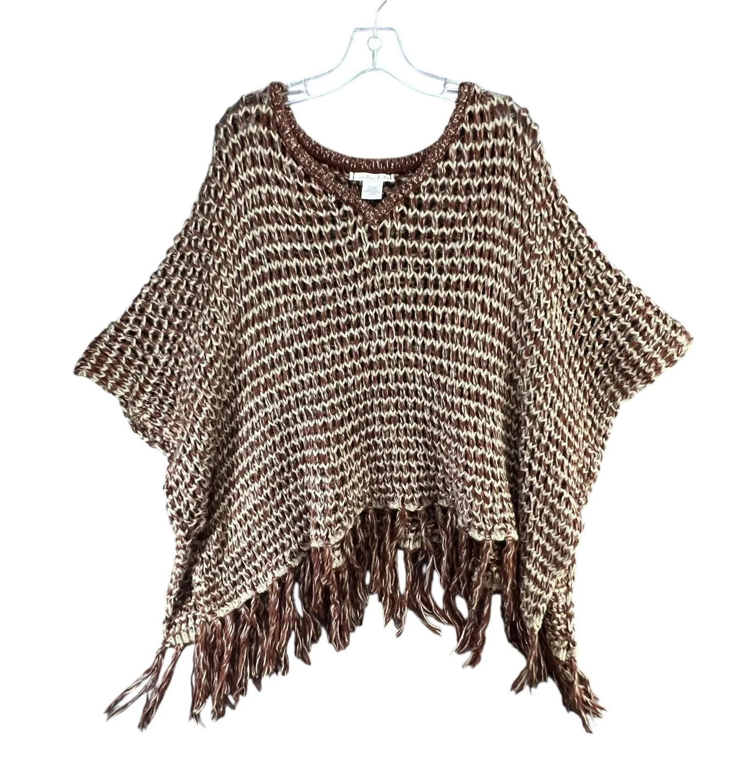 Willow & Clay Poncho M Brown Open Crochet Knit Fringe Oversized Boho Chunky Cozy - Image 2