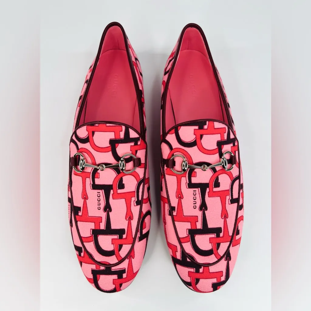 Gucci Jordaan Horsebit Logo Print Pink Fabric Flat Barbie Loafers Size EU 40 - Image 10