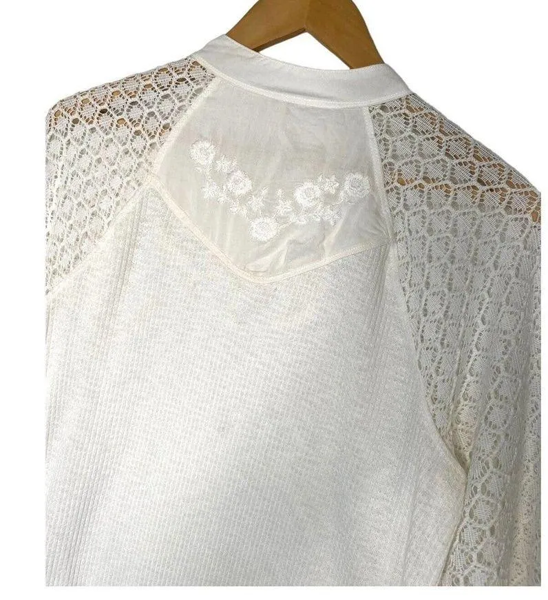 Free People Top Womens S Sweetest Thing Waffle Embroidered Boho Peasant Ivory - Image 12