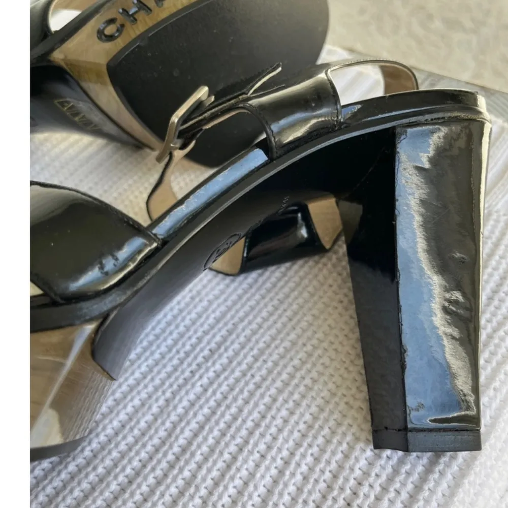 Strappy Heels Vintage Lucite 2001 Black Patent Leather US6/ 36 - Image 6