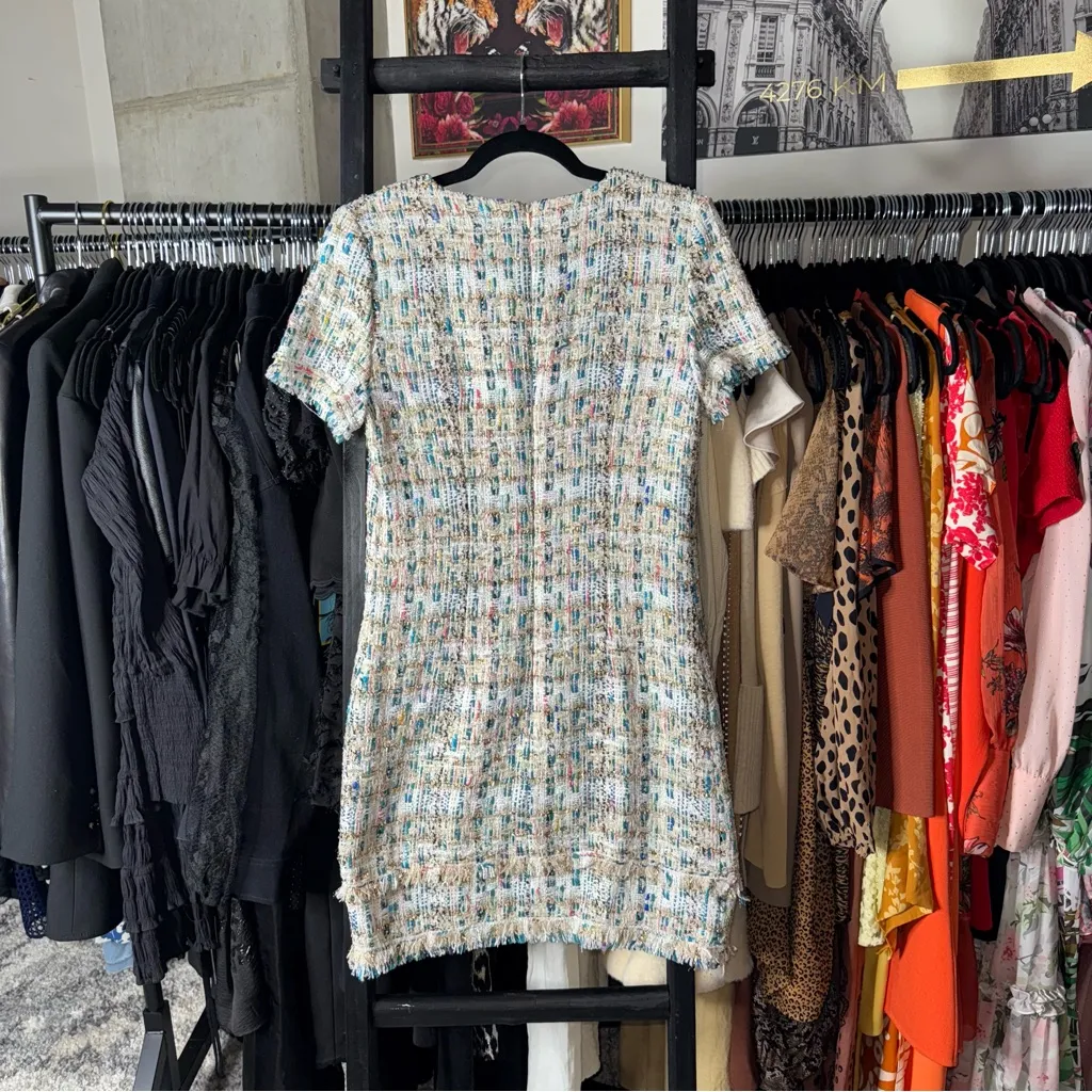 Santorelli Multicolor Metallic Fringed Tweed Shift Dress NWT $495 White Size 8 - Image 5