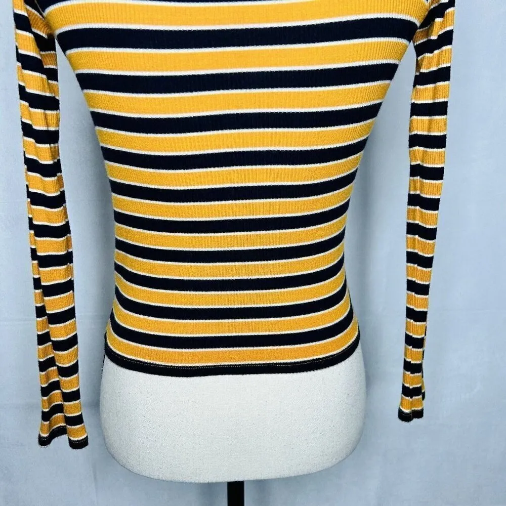 Forever 21 Long-Sleeve Ribbed Shirt Womens Size S Gold Navy Striped Rayon Blend - Image 8