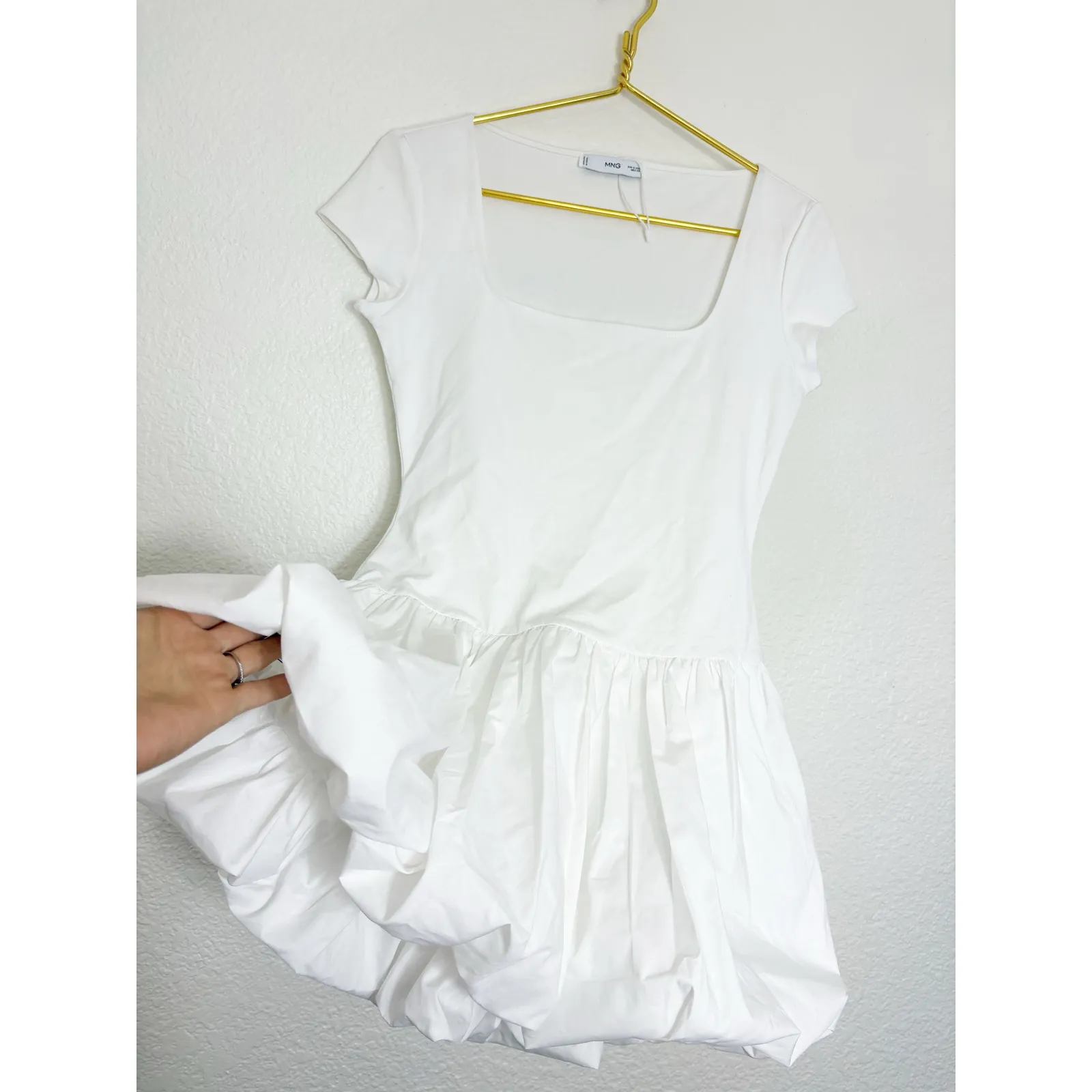 Mango White Bubble Hem Mini Dress Size Small Square Neck Stretch - Image 13