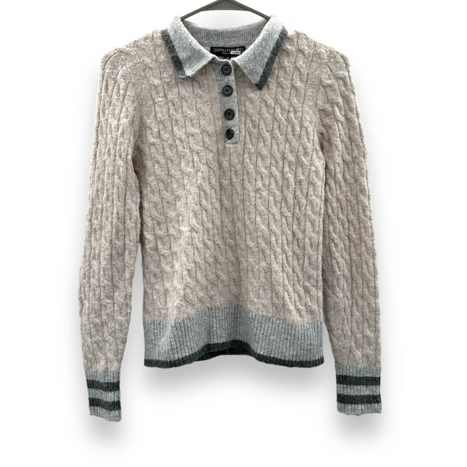 RTR Central Park West Bobbie Cream Long‎ Sleeve Cable Knit Polo Sweater Sz XS - Image 2