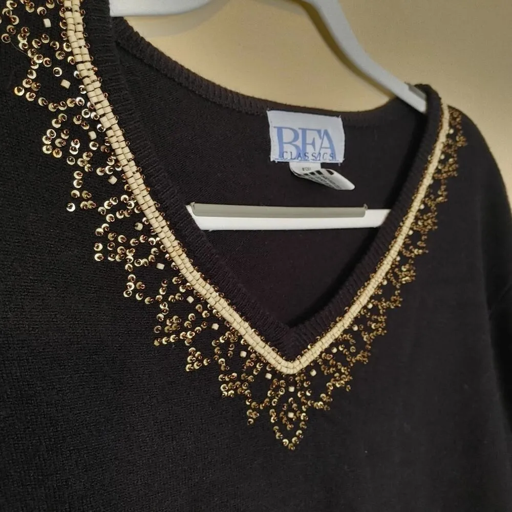 Vintage Dark BFA Classics Black Acrylic Sweater Beaded Sequin V Neck Size 2X - Image 2