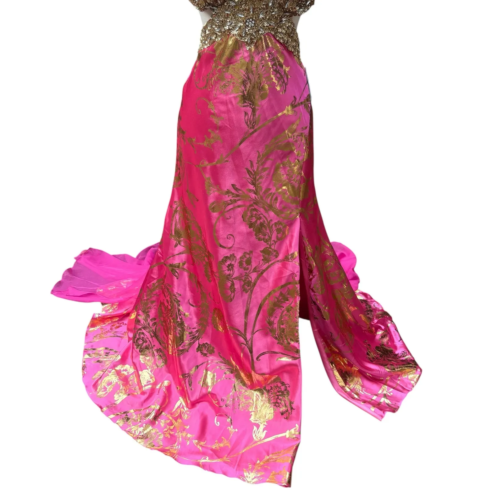 Mac Duggal Cassandra Stone Prom Dress Gown Hot Pink Gold Beaded Metallic Formal - Image 3