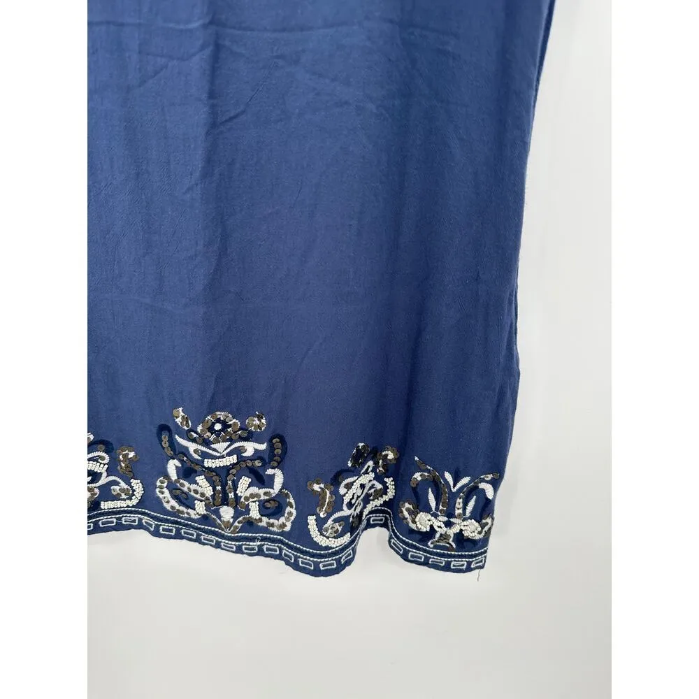 Katherine .K Tunic Women Medium Embroidered Short Sleeve Rayon Coastal Vaca Blue - Image 3