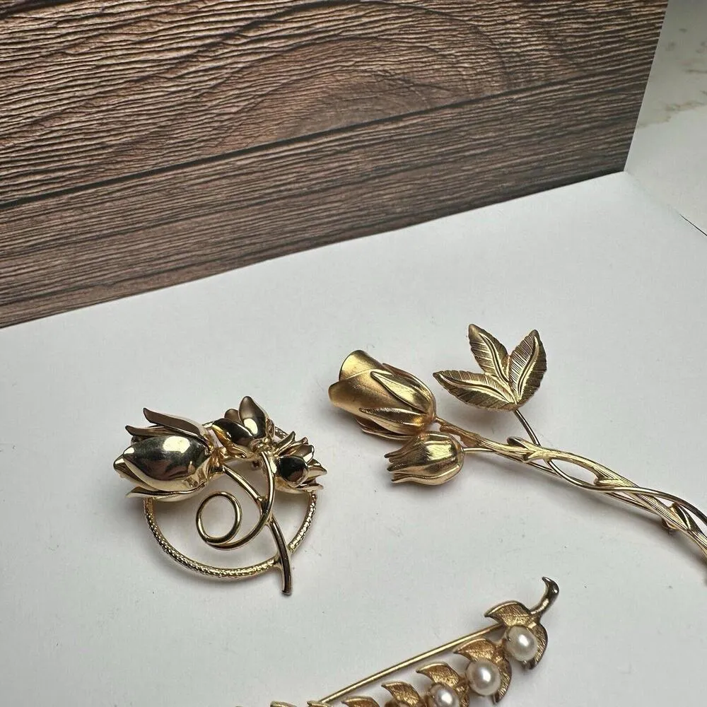 Flowers, Rose Stem, Faux Pearl Leaf Branch Gold Tone Brooch Pin Lot Of 3 - Image 7