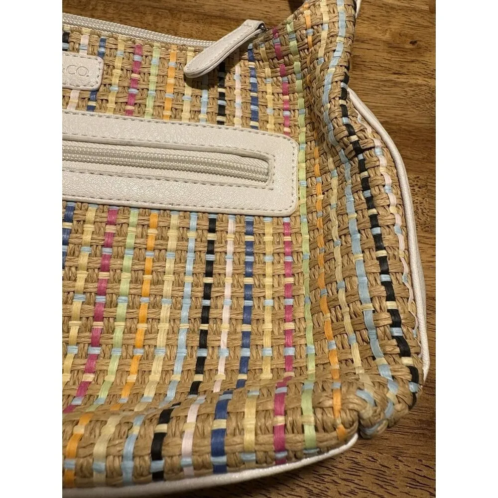 STONE & CO. Shoulder Bag White Faux Leather Multicolor Woven Straw Purse Boho - Image 9