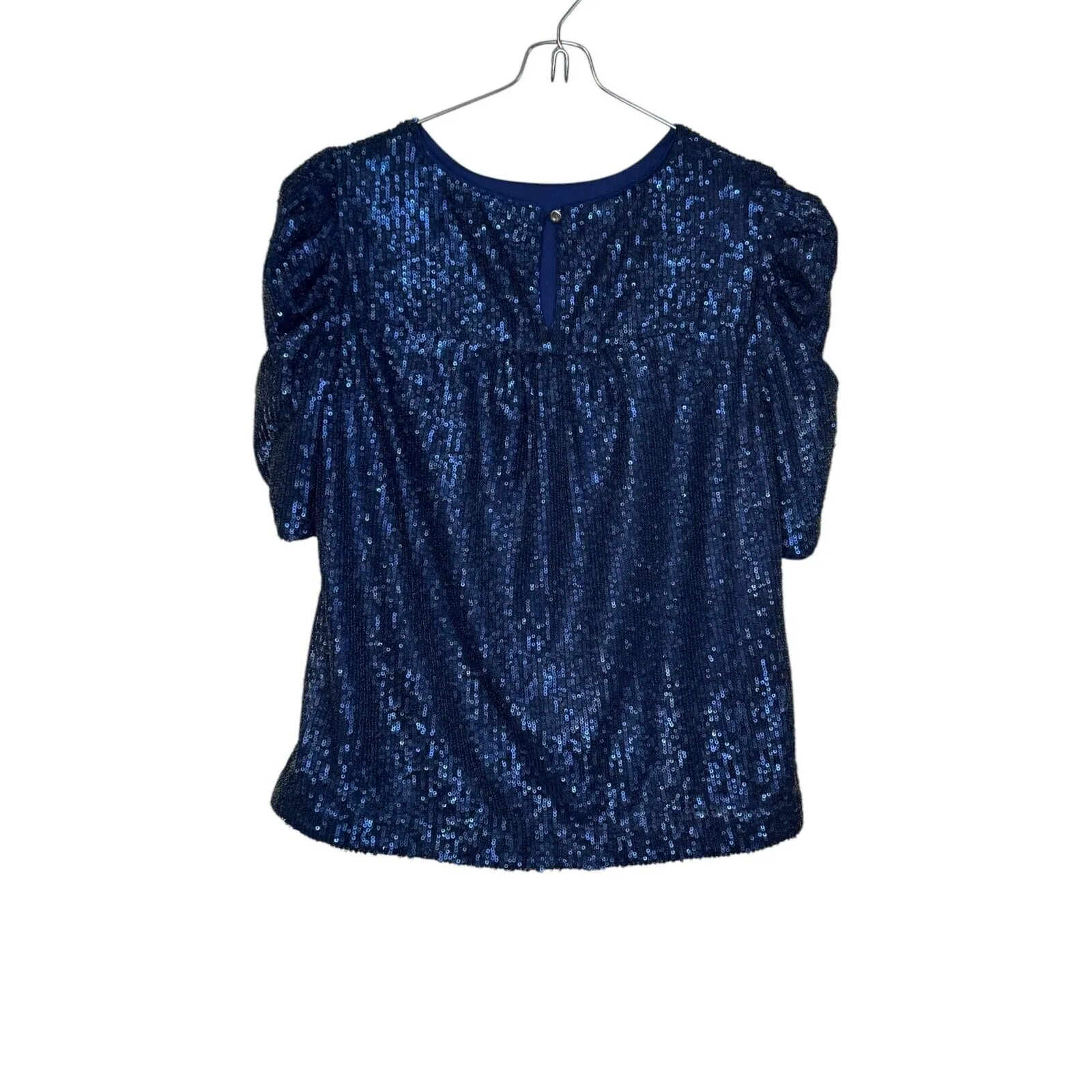 Anthropologie Women's Top Semi-Sheer Lined‎ Sequin Ruched Puff Sleeve Blue Sz.2 - Image 8