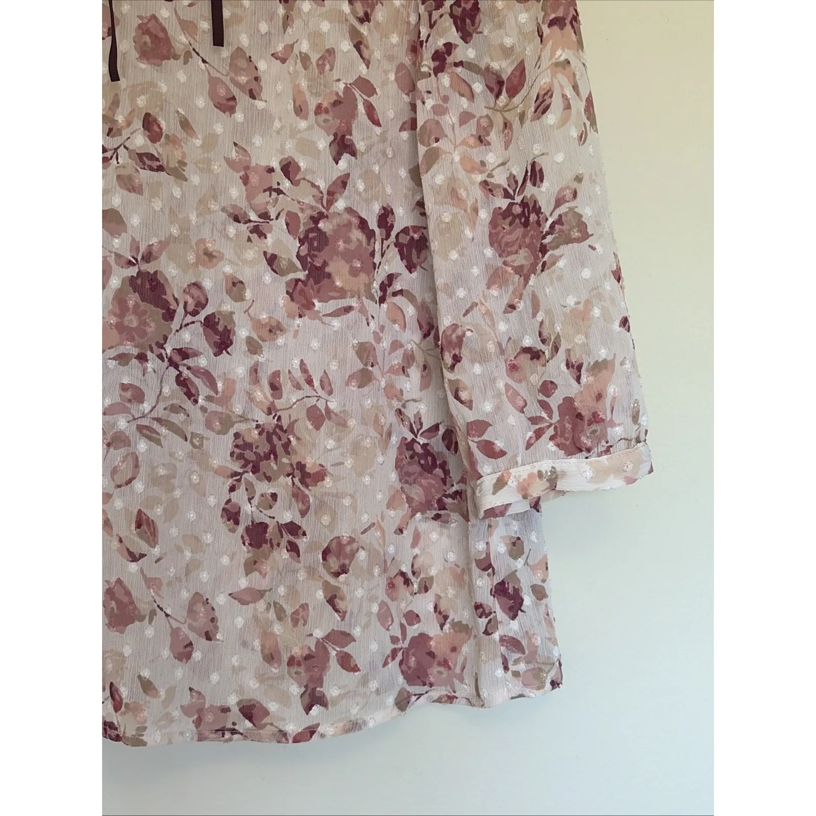 Lauren Conrad Pink Floral Romantic Swiss Dot Sheer Ribbon Top Shirt Blouse Small - Image 2