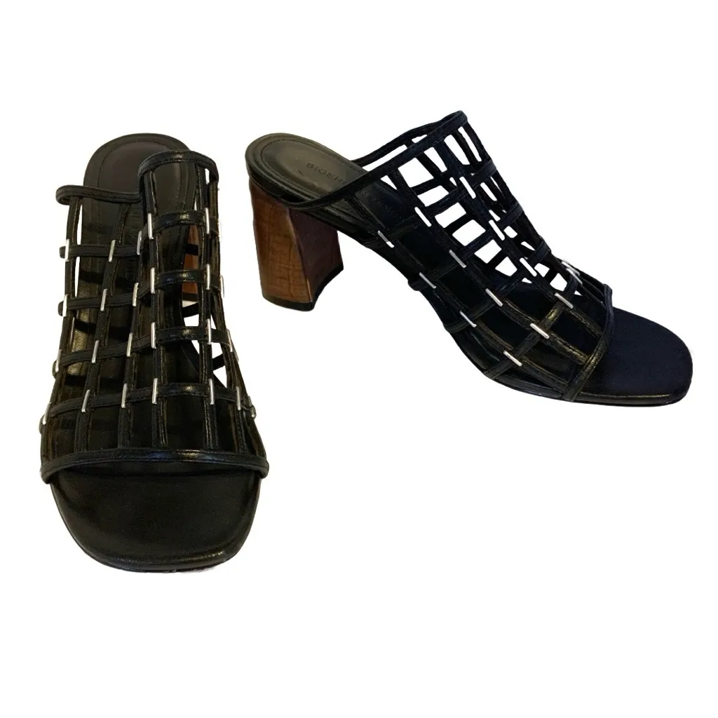 SIGERSON MORRISON BLACK LEATHER "DAINA" CAGED SLIDE BLOCK HEEL SHOES (36.5) Size 6.5 - Image 3