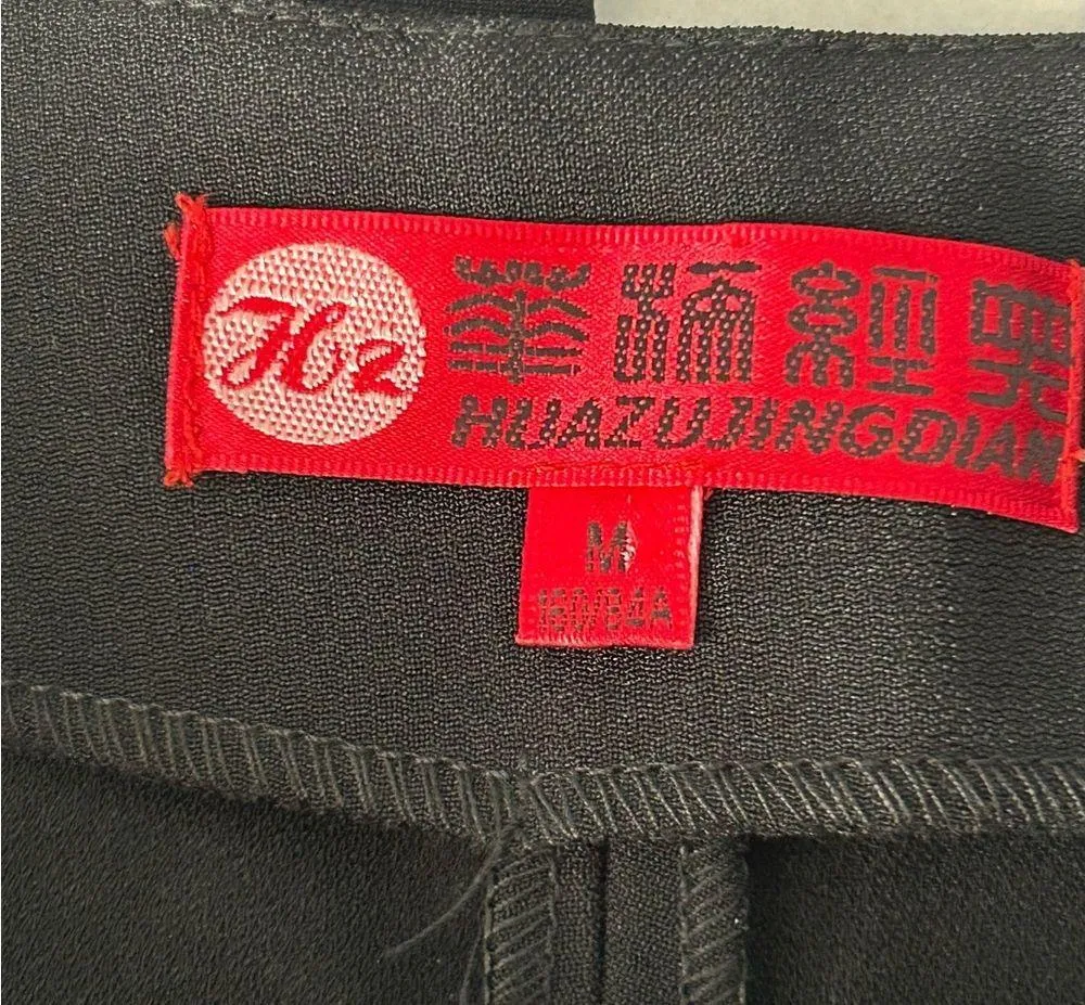 Asian inspired vintage flare pants embroidery peekaboo pleats black size medium - Image 3