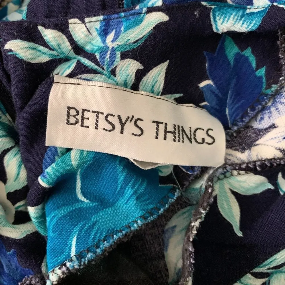 Vintage 80s Betsys Things Midi Dress 16 Blue Floral Dolman Sleeve Zip Belt Loops - Image 8