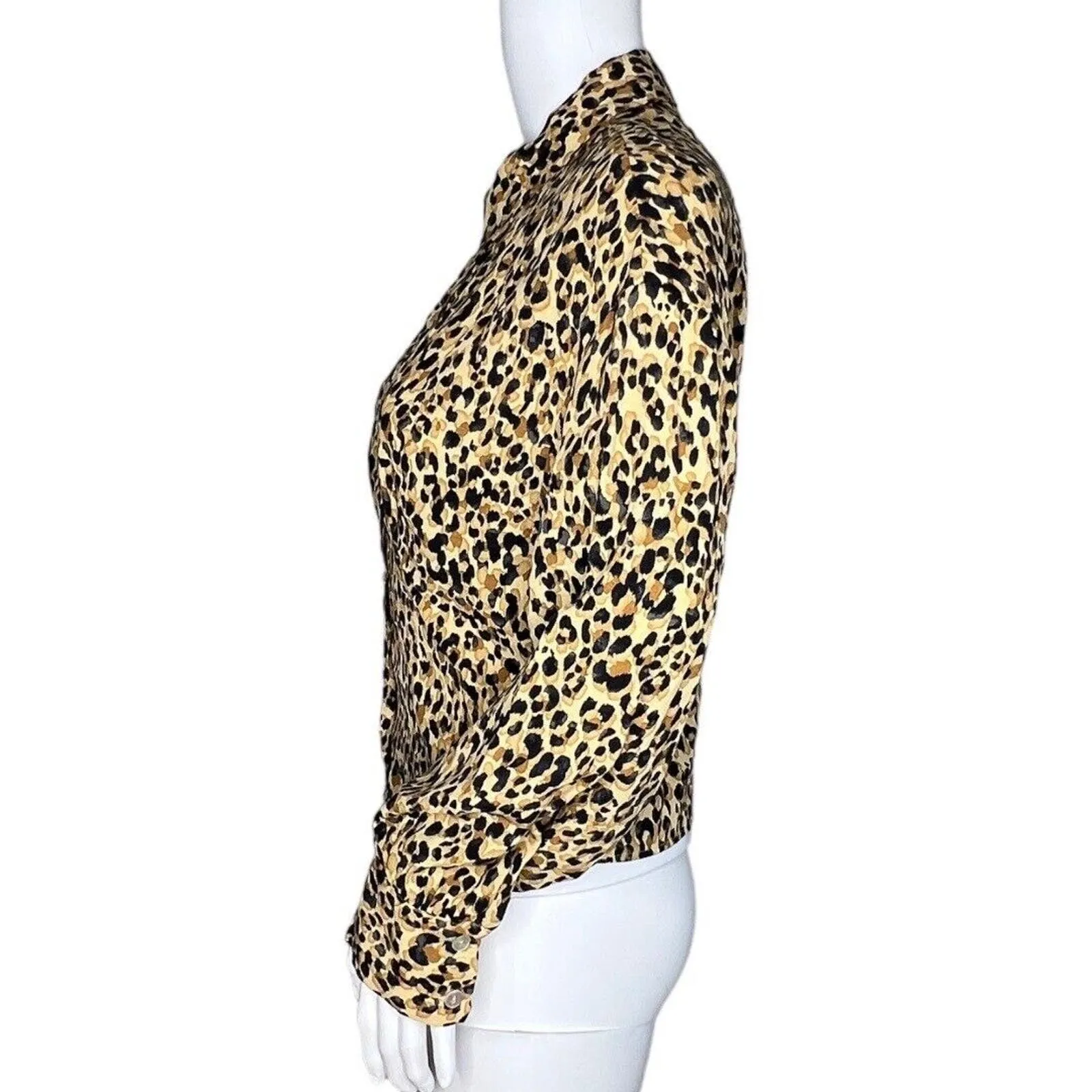 Zara Shirt Womens Extra Small Tan Black Leopard‎ Cheetah Button Up Rocker Edgy - Image 3