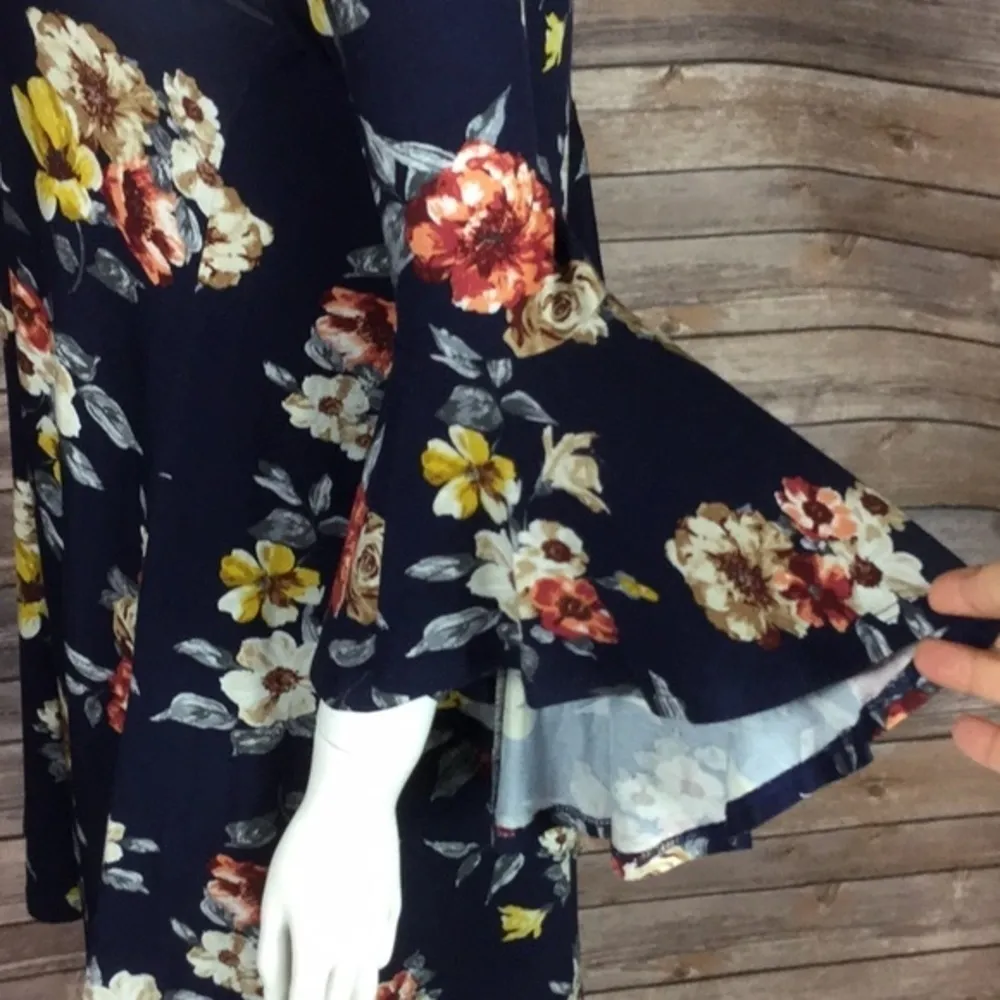 Boho Dark floral choker mini dress‎ with statement ruffle sleeve S Blue - Image 6