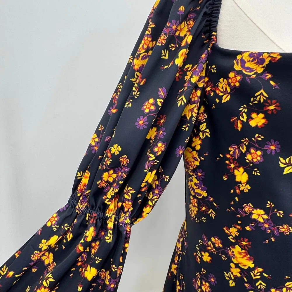 C/MEO Collective mini satin dress large bishop sleeves square neck blue floral - Image 5