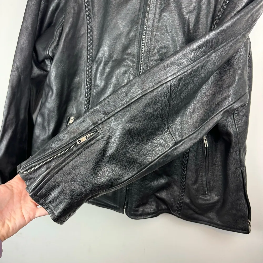 Womens Black Leather Braided Moto Biker Jacket Sz 4XL Zip Accents - Image 8