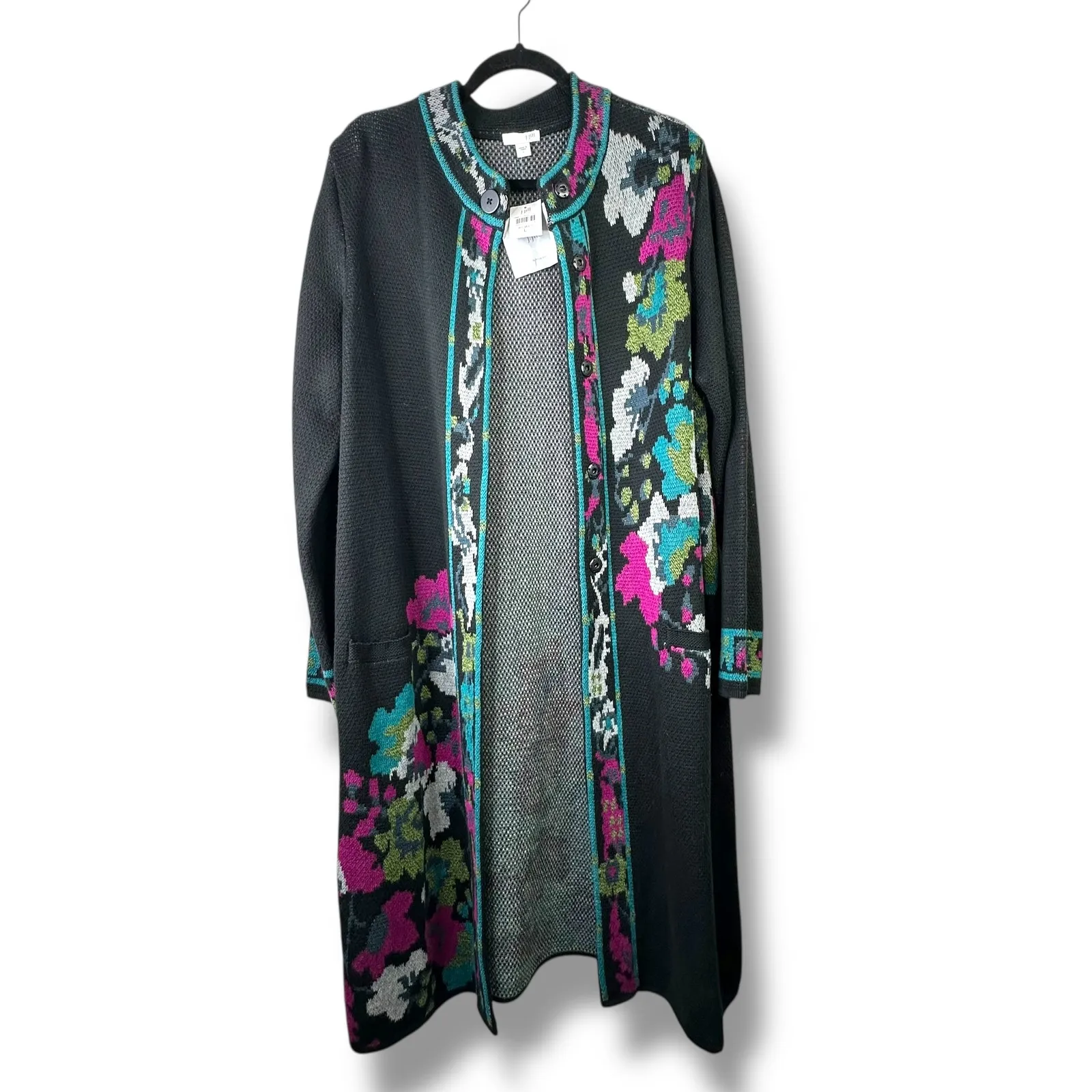 J.Jill NWT Trailing Flowers Jacquard Topper Floral Duster Sweater Coat Cardigan Black Size L - Image 3