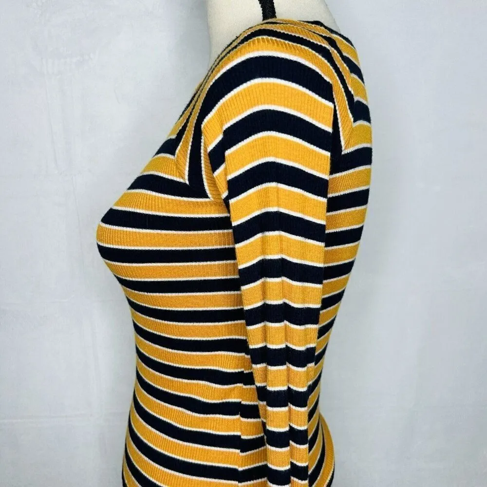 Forever 21 Long-Sleeve Ribbed Shirt Womens Size S Gold Navy Striped Rayon Blend - Image 4