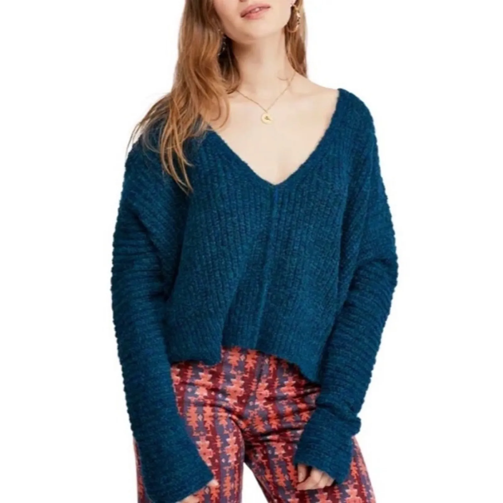 FREE PEOPLE Womens Alpaca Wool V-Neck Oversized Knit Crop Sweater Top Size XS - Image 9