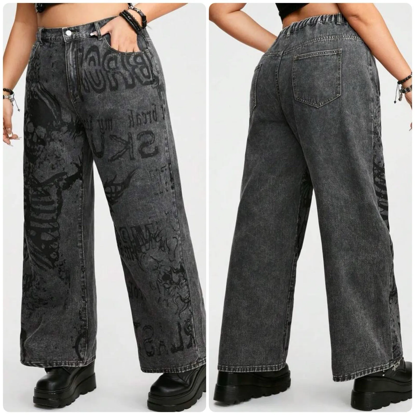 ROMWE Vintage Washed Skull Butterfly Tattoo Black Jeans Goth Grunge Punk Size M - Image 2