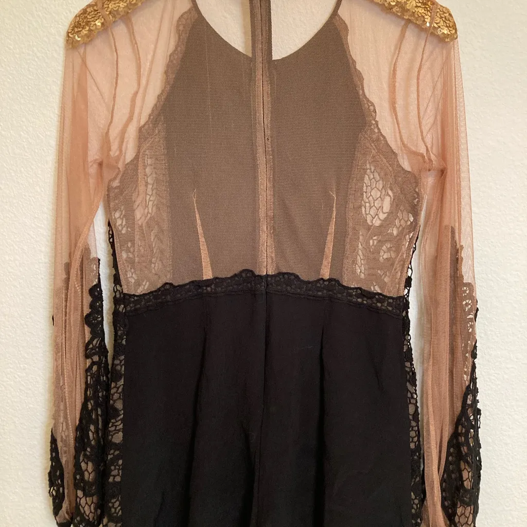 🔴 Forever 21 Black Romper | Lace Sheer Beige Long Sleeves | - Image 4