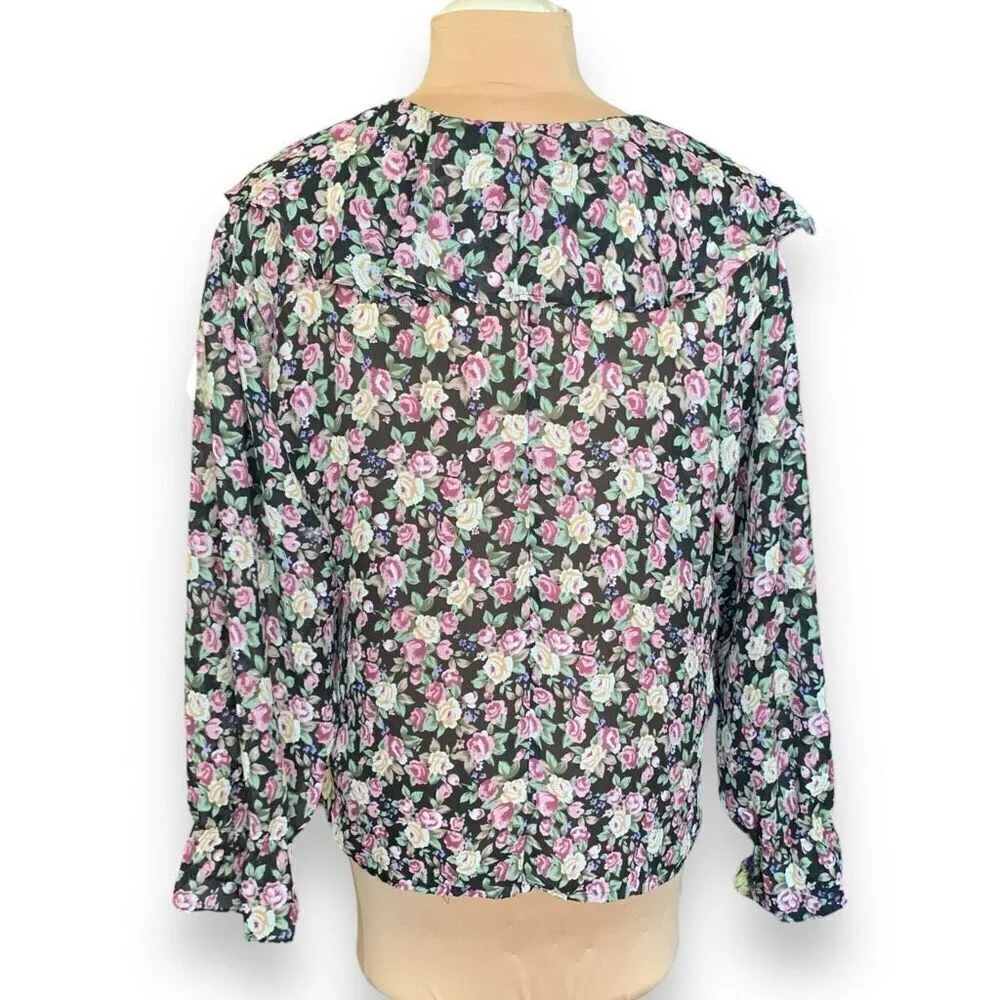 Vintage 90s Shirt Dark Floral Print Black Pink Peasant Flowy Long Sleeve Medium - Image 3