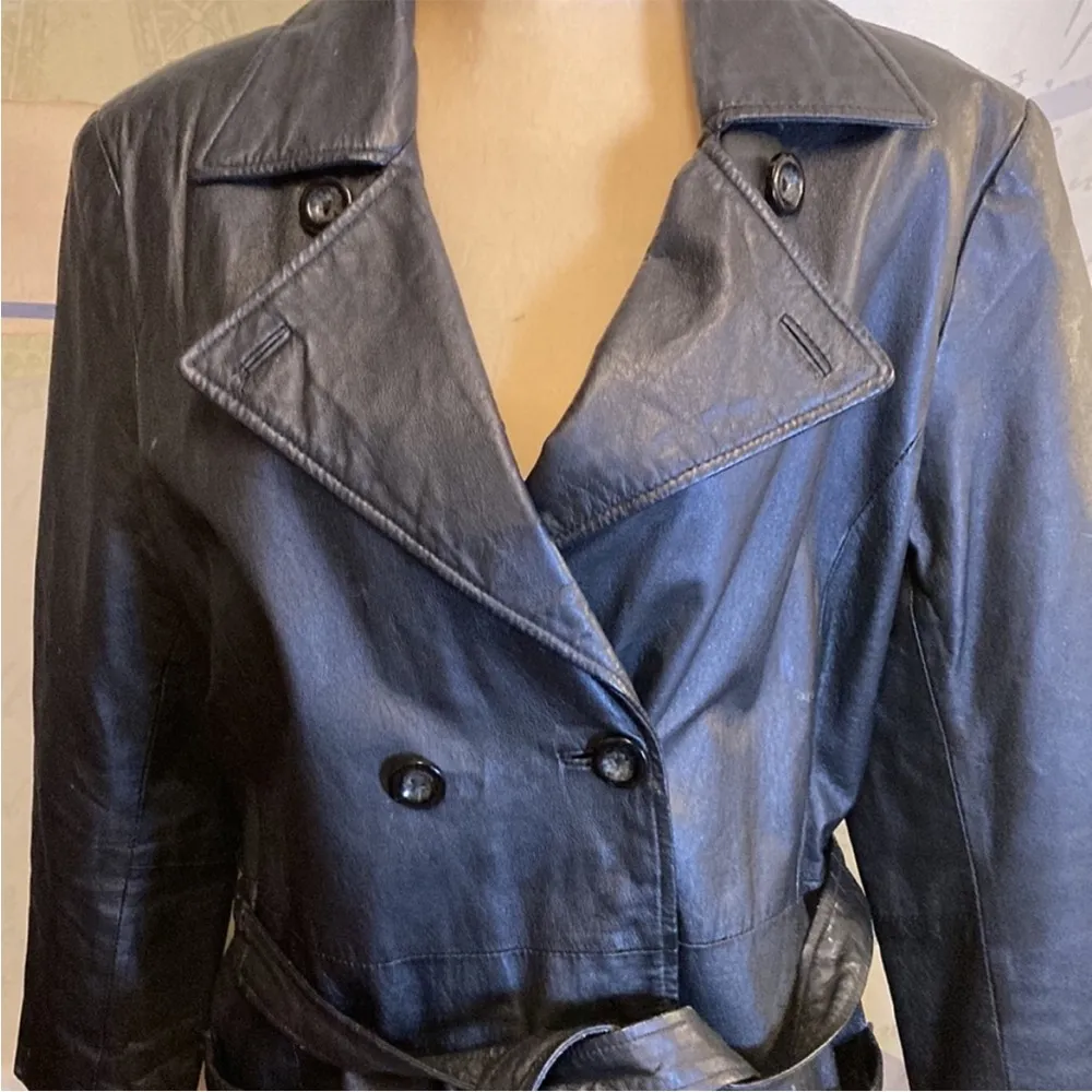 Amalfi Leather belted Jacket black trench Coat Size Medium 90’s Y2K matrix - Image 3