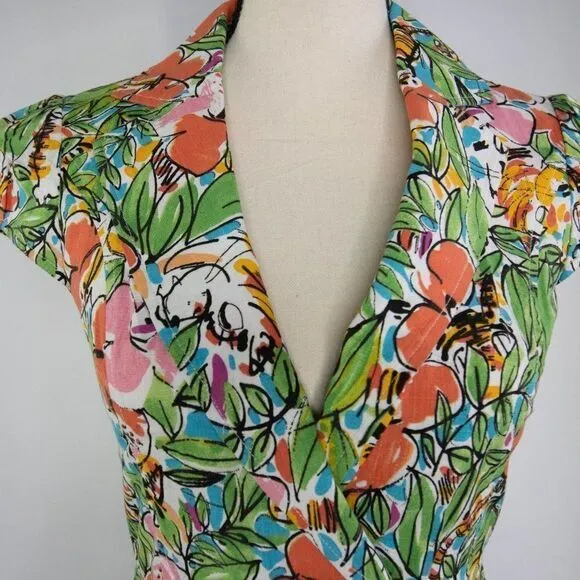 Vintage floral print short sleeve jacket, green and red, cotton blend‎ Size XXS - Image 3