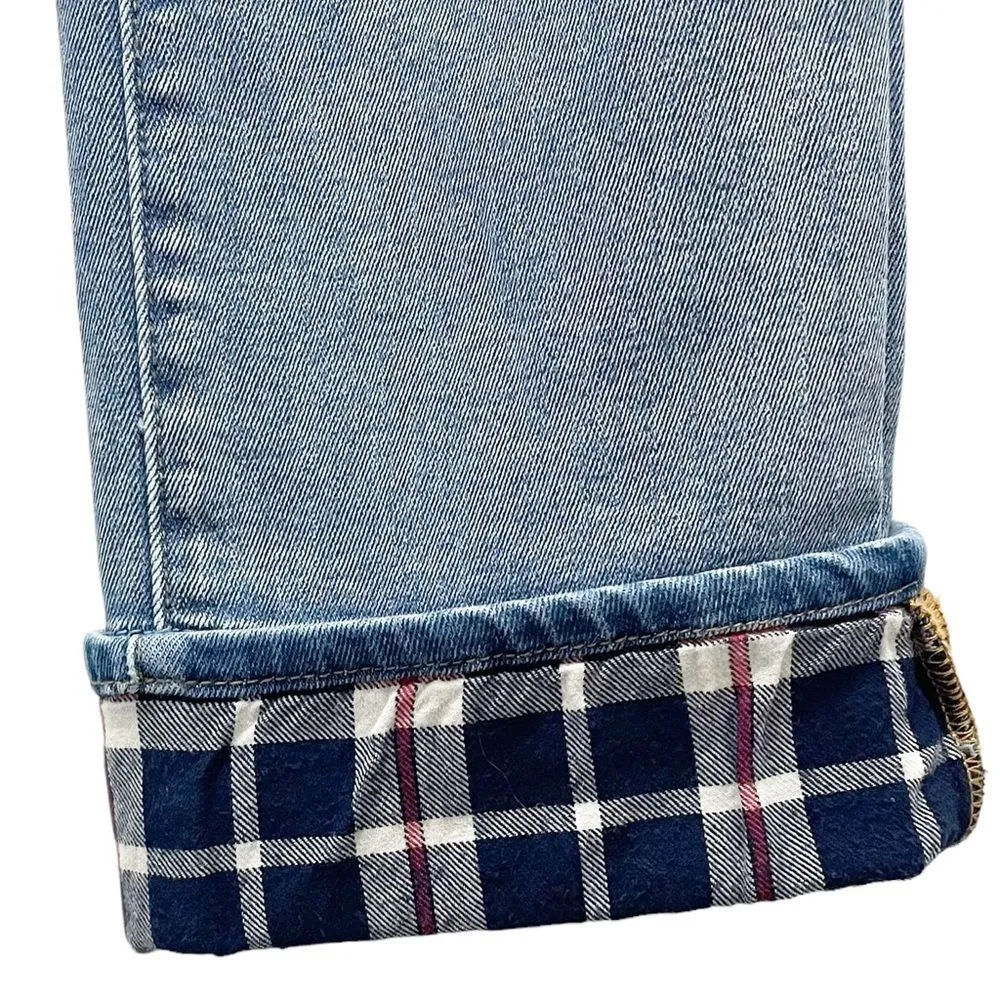 Driftwood Colette Straight Leg Boho Jeans Medium Wash Plaid Tartan Cuff Size 29 - Image 9